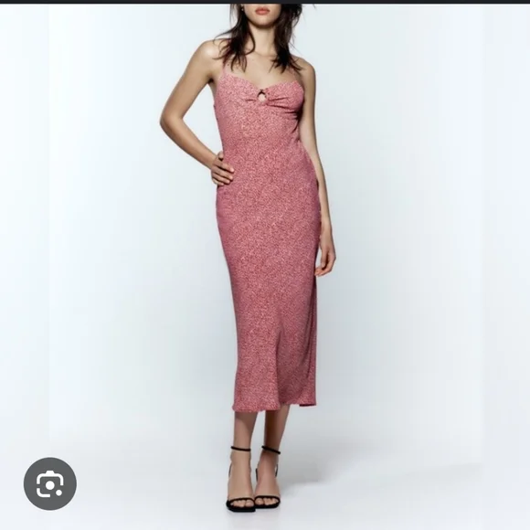pink spaghetti strap dress zara POLYAMIDE STRAP DRESS - Beige-pink